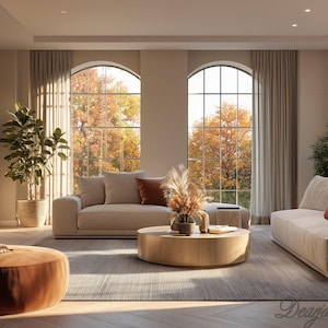 May include: A well-lit living room with neutral tones, featuring two large arched windows overlooking autumn foliage. The room includes two beige sofas, a round wooden coffee table, and a brown ottoman. Decorative plants and curtains complete the scene.