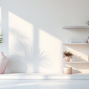 Puede incluir: Estantes blancos con una variedad de plantas en macetas y artículos decorativos, incluyendo un jarrón rosa, un tarro rosa y una pila de libros. Los estantes están contra una pared blanca con una ventana proyectando una sombra.