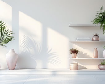 May include: White shelves with a variety of potted plants and decorative items, including a pink vase, a pink jar, and a stack of books. The shelves are against a white wall with a window casting a shadow.