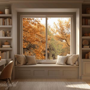 May include: A cozy interior scene featuring a window with a view of autumn foliage. The room includes built-in bookshelves, a window seat with pillows, a desk, and a chair. The color palette is warm, with neutral tones and pops of orange.