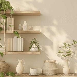 Puede incluir: Una escena interior de tonos neutros con estantes de madera con libros, plantas y jarrones decorativos. Una cesta tejida y una jarra de cerámica están en el estante inferior. La imagen tiene una estética cálida.
