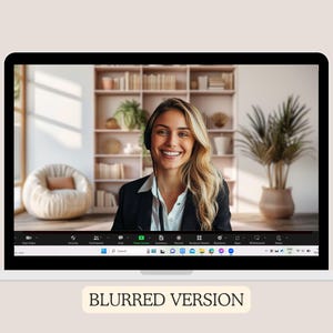 Zoom background featuring a pink minimalist bookshelf with plants and a cozy chair, creating a stylish and inviting atmosphere.