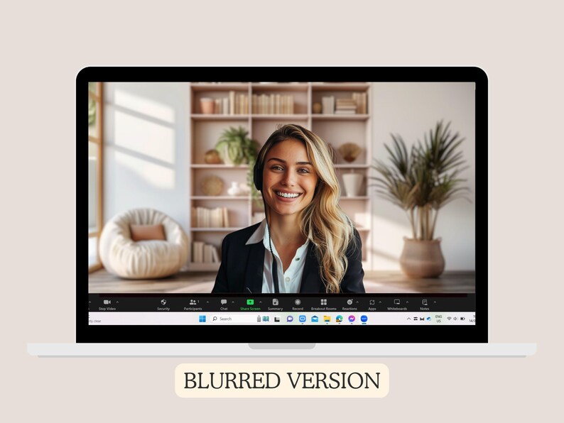 Zoom background featuring a pink minimalist bookshelf with plants and a cozy chair, creating a stylish and inviting atmosphere.