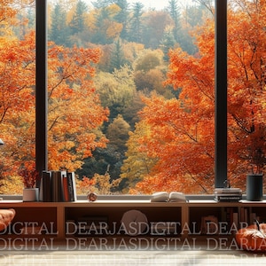 May include: A large window frames a vibrant autumn landscape. The view showcases trees with fiery orange and yellow foliage. A cozy interior features a reading nook with a lamp, books, and decorative items, creating a warm and inviting atmosphere. The scene evokes a sense of tranquility.