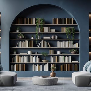 May include: A contemporary living room featuring a large arched bookshelf filled with books and greenery. Two grey armchairs are positioned opposite the bookshelf, with a circular coffee table in the centre. The room has a blue colour scheme.