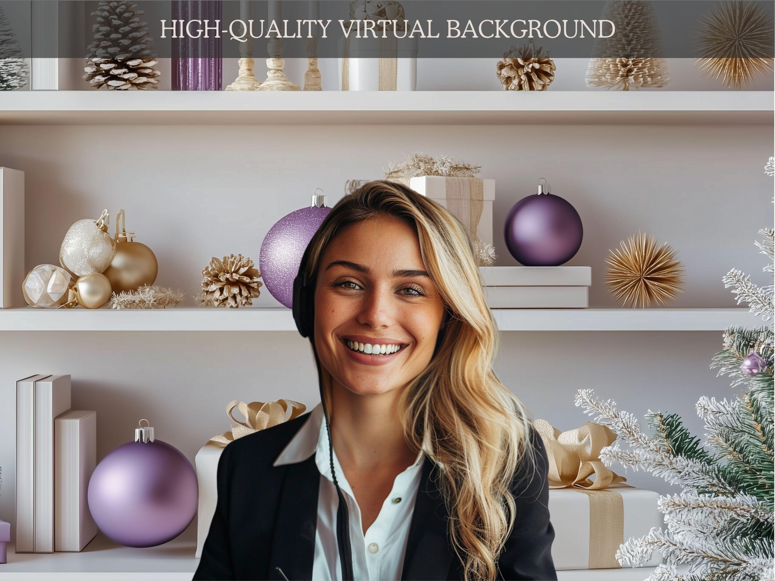 Modern Home Office Christmas Zoom Background | Purple Bookshelf ...