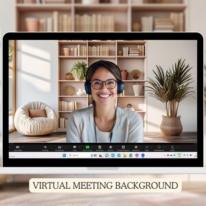 Zoom background featuring a pink minimalist bookshelf with plants and a cozy chair, creating a stylish and inviting atmosphere.