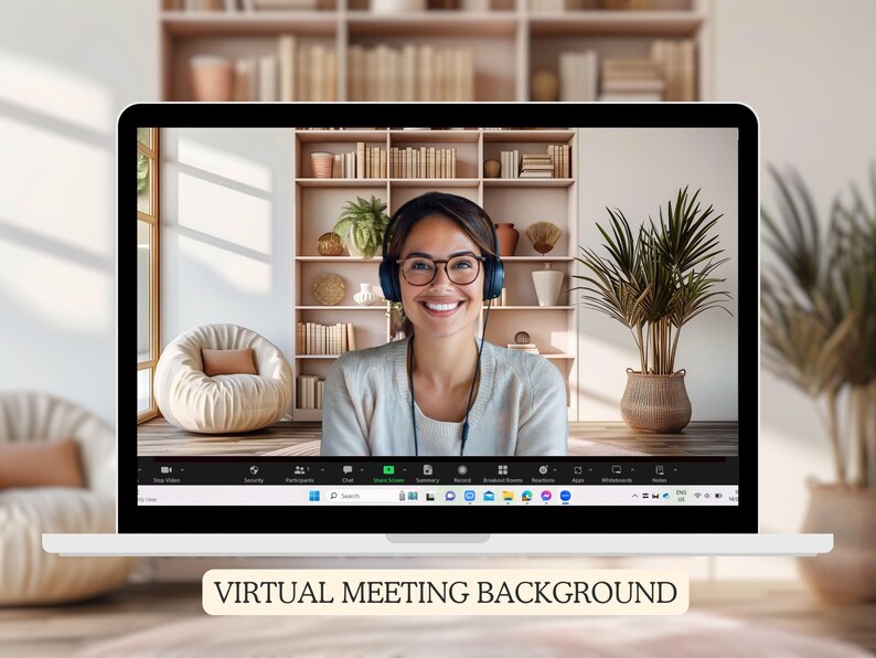 Zoom background featuring a pink minimalist bookshelf with plants and a cozy chair, creating a stylish and inviting atmosphere.