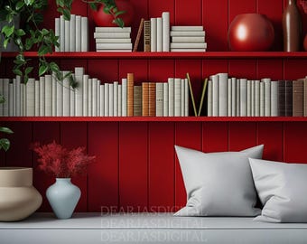 May include: A red bookshelf with white books and a white throw pillow on a bench. The bookshelf is against a red wall.
