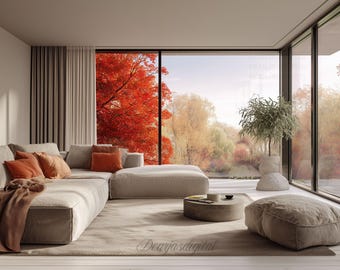 Autumn Living Room Virtual Background, Cozy Fall Foliage (PNG)