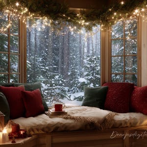 Könnte beinhalten: Eine gemütliche Fensterbank mit roten und grünen Kissen, einer Decke und einer roten Tasse. Das Fenster blickt auf einen verschneiten Wald und ist mit Lichterketten und Grün geschmückt. Bücherregale flankieren das Fenster, Kerzen sorgen für einen warmen Schein.