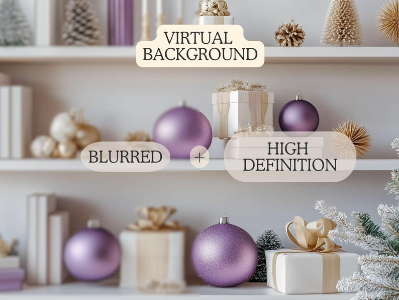 Modern Home Office Christmas Zoom Background | Purple Bookshelf ...