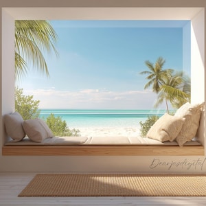 May include: A bright, airy interior scene featuring a window overlooking a tropical beach. A built-in window seat with pillows faces the ocean. Bookshelves flank the window, and a woven rug sits on the wooden floor. Palm trees and blue sky are visible.
