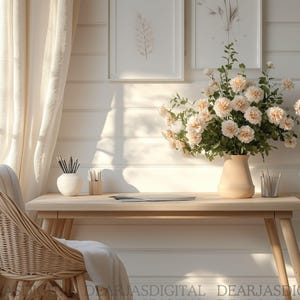 May include: A light wood desk with a wicker chair, a vase of cream-colored flowers, and a small ceramic container with pencils on top.