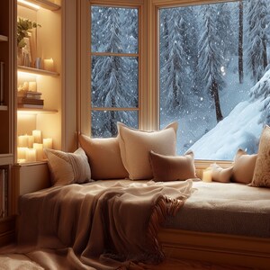 May include: A comfortable window seat with cushions and a blanket. A bookshelf filled with books and candles is to the left. The window overlooks a snowy forest scene, creating a warm and inviting atmosphere. The color palette is neutral with warm tones.