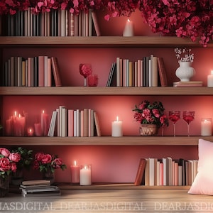 May include: A pink bookshelf with books, candles, and wine glasses. The bookshelf is decorated with pink flowers and has a pink background.