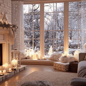 Puede incluir: Un salón acogedor con chimenea, velas y una gran ventana con vistas a un paisaje invernal nevado. La habitación está decorada para las fiestas con un árbol de Navidad y calcetines.