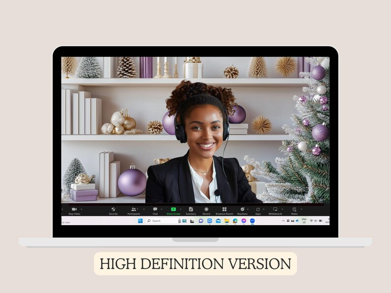 Modern Home Office Christmas Zoom Background | Purple Bookshelf ...