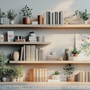 Puede incluir: Una pared blanca con tres estantes de madera llenos de plantas, libros y objetos decorativos. Los estantes están decorados con una variedad de plantas, incluyendo helechos, suculentas y plantas de hoja. También hay libros, un jarrón y una impresión enmarcada con un diseño de corazón.