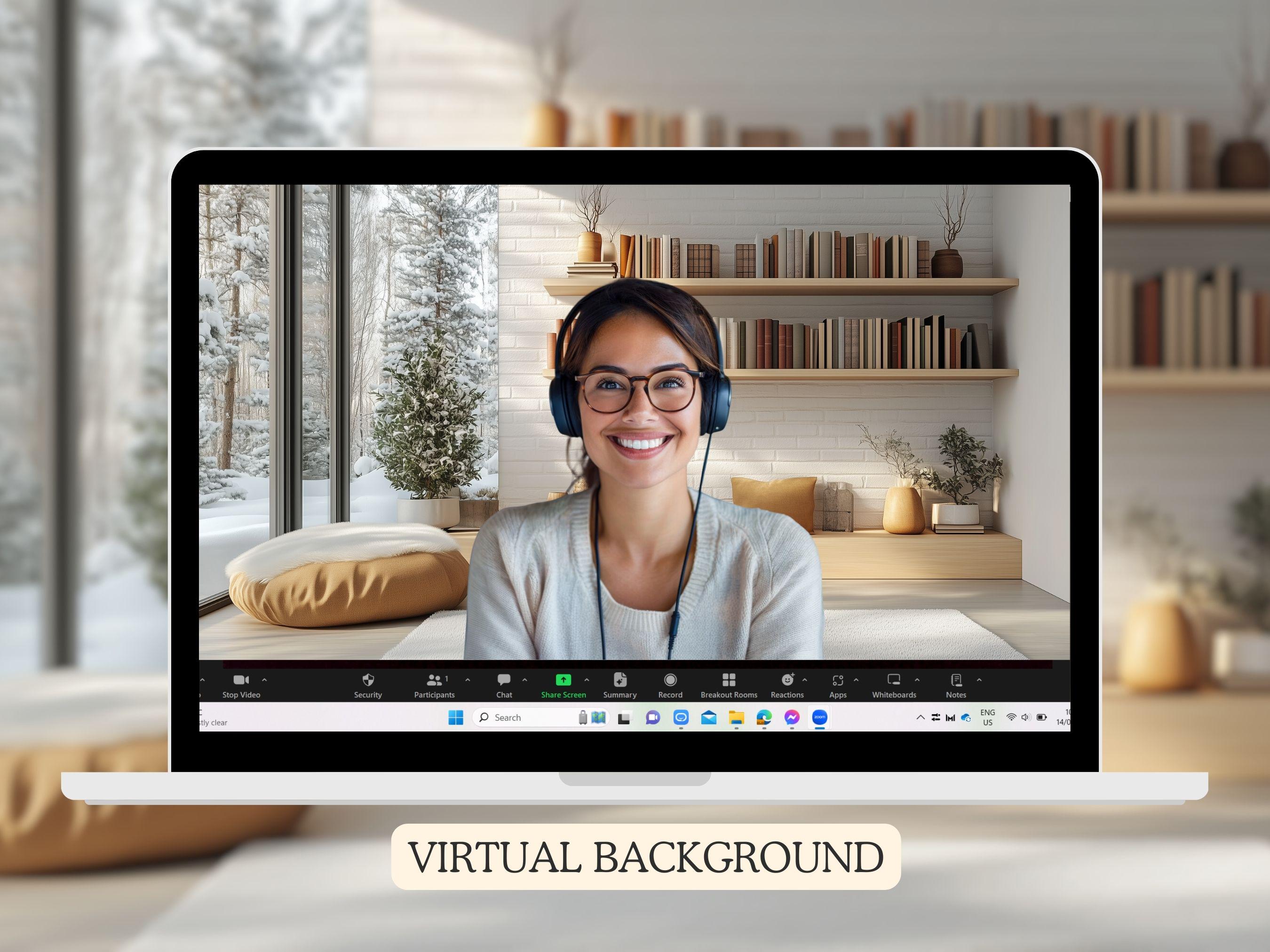 Cozy Winter Bookshelf Zoom Virtual Background Perfect for Meetings ...