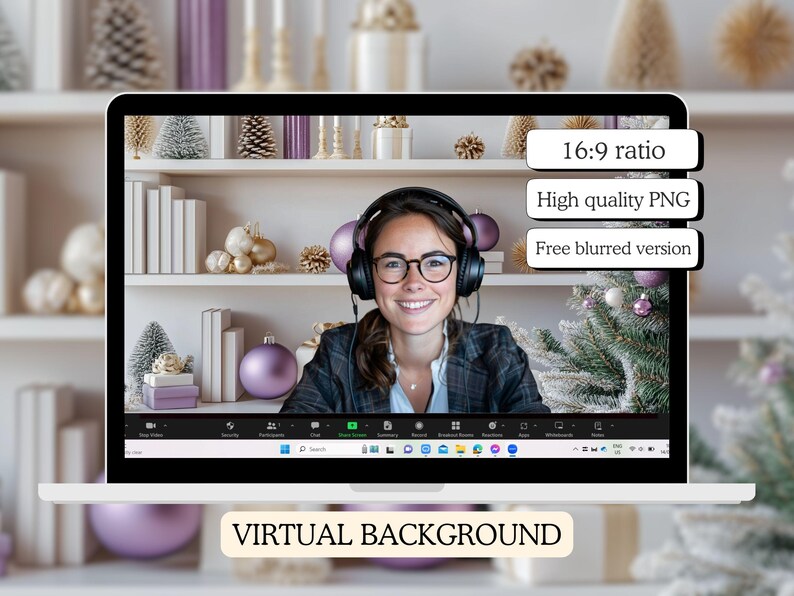 Modern Home Office Christmas Zoom Background | Purple Bookshelf ...