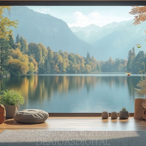 May include: A large window with a view of a lake and mountains in the distance. The lake is surrounded by trees and the mountains are covered in snow. The window is framed by a wooden frame and there are potted plants on the floor in front of the window.