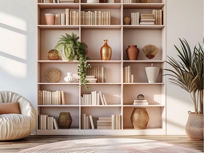 Zoom background featuring a pink minimalist bookshelf with plants and a cozy chair, creating a stylish and inviting atmosphere.