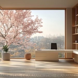 Könnte beinhalten: Ein modernes Heimbüro mit einem großen Fenster mit Blick auf einen Kirschbaum in voller Blüte. Das Büro verfügt über einen weißen Schreibtisch mit einem schwarzen Stuhl, ein Bücherregal und eine Topfpflanze.