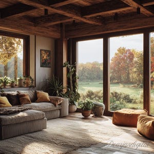 May include: A cozy living room with large windows overlooking a vibrant autumn landscape. The room features a sectional sofa with decorative pillows, potted plants, and a woven rug. Wooden beams and flooring add warmth to the space.
