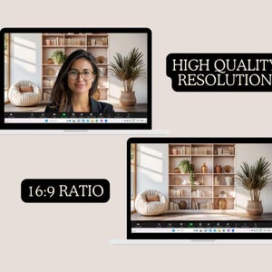 Zoom background featuring a pink minimalist bookshelf with plants and a cozy chair, creating a stylish and inviting atmosphere.