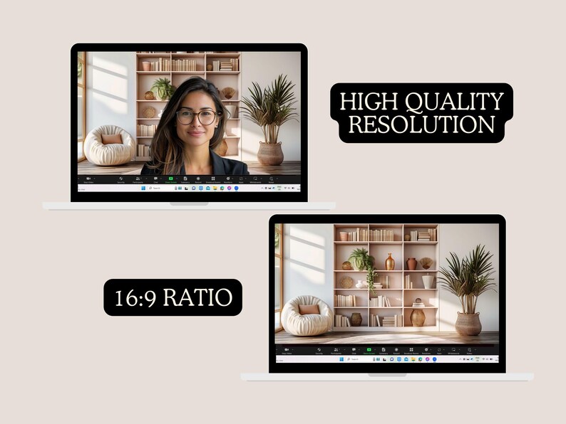 Zoom background featuring a pink minimalist bookshelf with plants and a cozy chair, creating a stylish and inviting atmosphere.