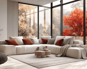 Cozy Autumn Living Room Virtual Background, Fall Foliage (PNG File)
