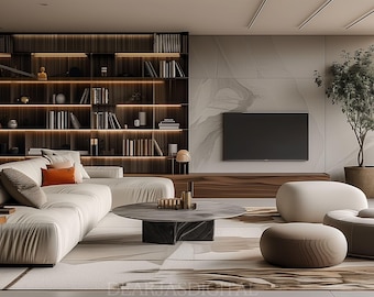 Modern Living Room Zoom Background | Bookshelf Virtual Backdrop (PNG)