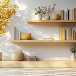 May include: Two wooden shelves with books, a yellow bowl, and decorative vases with dried flowers and plants. The shelves are mounted on a white wall with a yellow tree in a white pot in the foreground.