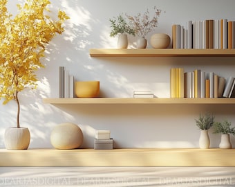 May include: Two wooden shelves with books, a yellow bowl, and decorative vases with dried flowers and plants. The shelves are mounted on a white wall with a yellow tree in a white pot in the foreground.