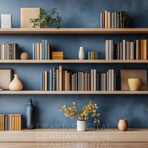 May include: A wooden bookshelf with three shelves, filled with books, vases, and decorative items. The bookshelf is against a blue wall.