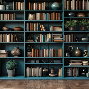 May include: A teal bookshelf filled with a collection of books, vases, and potted plants. The books vary in size and colour, creating a visually interesting display. The shelves are arranged in a grid pattern. The floor is made of wood.