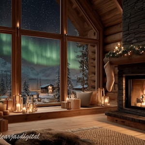 Op de afbeelding: Gezellig interieur van een hut met een kerstboom, kaarsen en een open haard. Grote ramen bieden uitzicht op een besneeuwd landschap en het noorderlicht. Cadeaus liggen bij de boom, wat een warme, uitnodigende sfeer creëert.