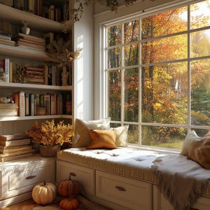 Puede incluir: Un acogedor asiento junto a la ventana con vistas al follaje otoñal. La escena incluye una estantería blanca llena de libros, calabazas decorativas y cojines. El asiento de la ventana tiene un cojín color crema y una manta suave.