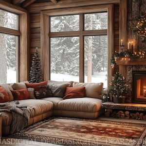 May include: A warm and inviting living room with a corner sofa, fireplace, and a snowy outdoor view. The room is decorated with a rug, candles, and cushions in warm colours. A Christmas tree and wreath add to the festive atmosphere. The room is decorated in a rustic style.