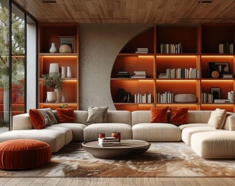 Home Office Bookshelf Zoom Background, Modern Living Room (Digital Download)