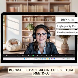 May include: A woman on a video call with a bookshelf background. The background is a light brown bookshelf with books and plants. The woman is wearing a black blazer and glasses. The text on the screen says "BOOKSHELF BACKGROUND FOR VIRTUAL MEETINGS".