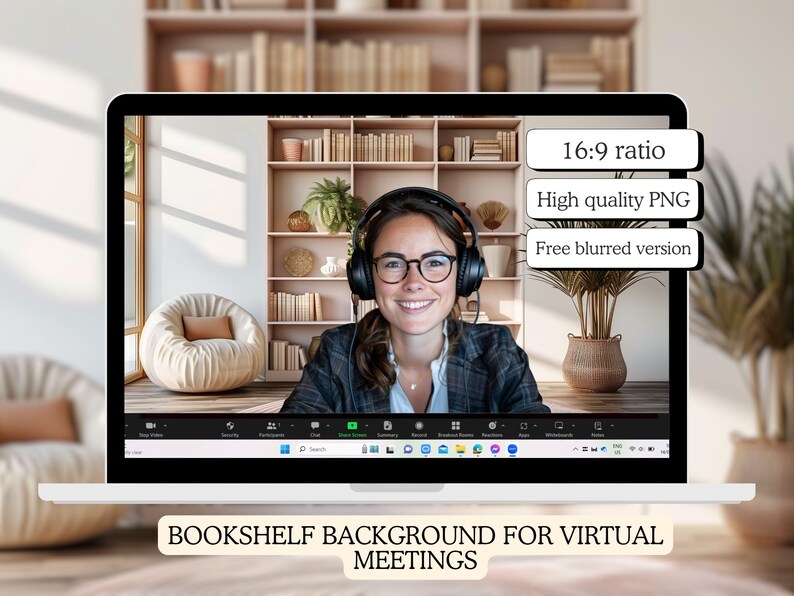 May include: A woman on a video call with a bookshelf background. The background is a light brown bookshelf with books and plants. The woman is wearing a black blazer and glasses. The text on the screen says "BOOKSHELF BACKGROUND FOR VIRTUAL MEETINGS".
