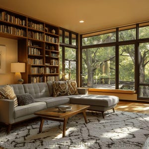 May include: A modern living room with a gray sectional sofa, a wooden coffee table, and a patterned rug. A large bookshelf filled with books is on the left, and a large window offers a view of trees.