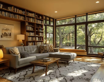 Modern Cozy Library Virtual Background | Mid-Century Living Room Zoom Background Professional Home Office Backdrop for Teams & Video Calls