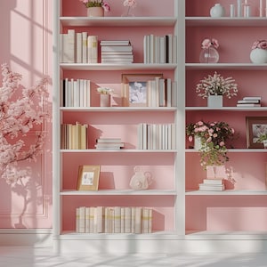 Pink Bookshelf Zoom Background, Home Office Virtual Backdrop (Digital Download)