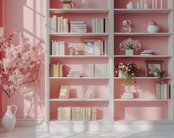 Pink Bookshelf Zoom Background, Home Office Virtual Backdrop (Digital Download)