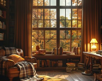 Autumn Reading Nook Zoom Background | Cozy Bookshelf Fall Backdrop (Digital Download)