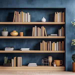 Puede incluir: Una estantería de madera con cinco estantes llenos de libros, un jarrón y plantas. La estantería está contra una pared azul oscuro. Hay dos plantas en macetas en el suelo a la derecha de la estantería.