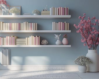 May include: A white bookshelf with three shelves filled with books in shades of pink and cream. The bookshelf is against a light blue wall. There are two vases with pink flowers on the bottom shelf.